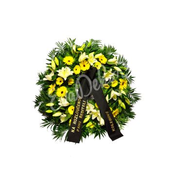 Smuteční věnec Bílé lilie a žluté gerbery - EvaDekor.cz rozvoz květin Praha