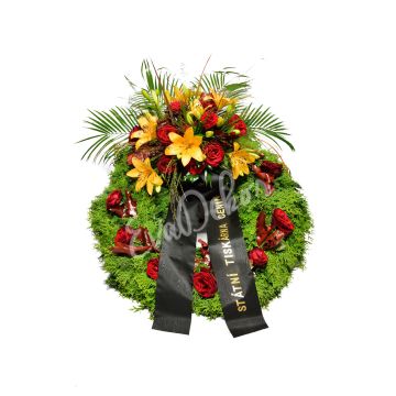 Smuteční věnec Růže grand prix a lilie - EvaDekor.cz rozvoz květin Praha